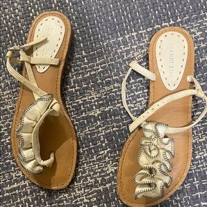 Gianni Bini Cream Ruffle T-Strap Sandals with Silver Trim